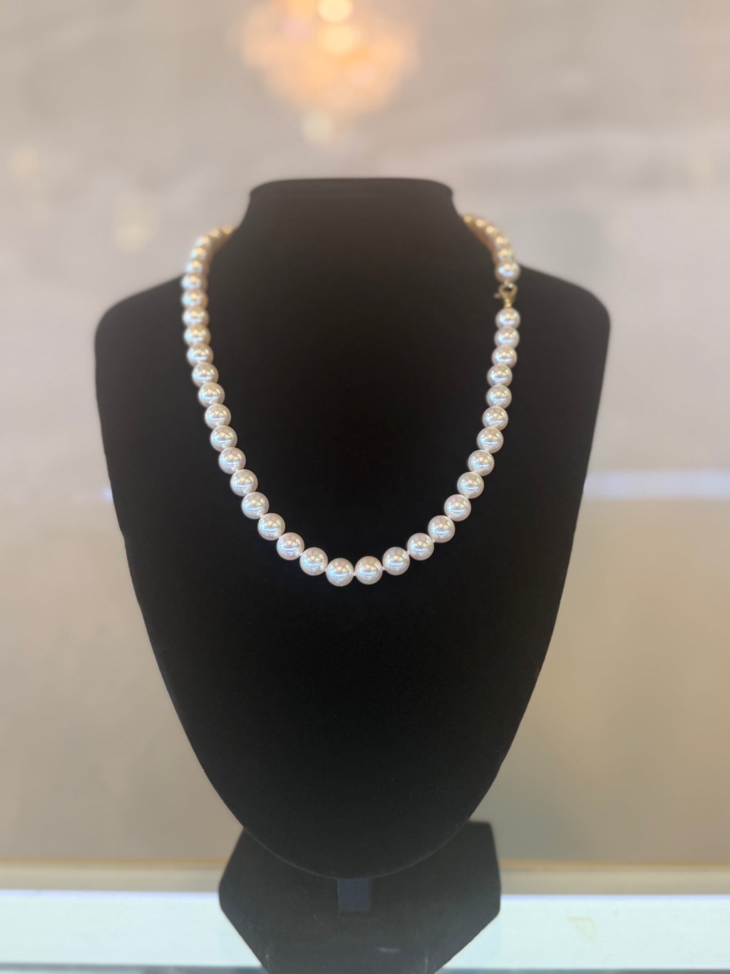 Akoya AA+ grade necklace with 14k clasp, lobster clasp