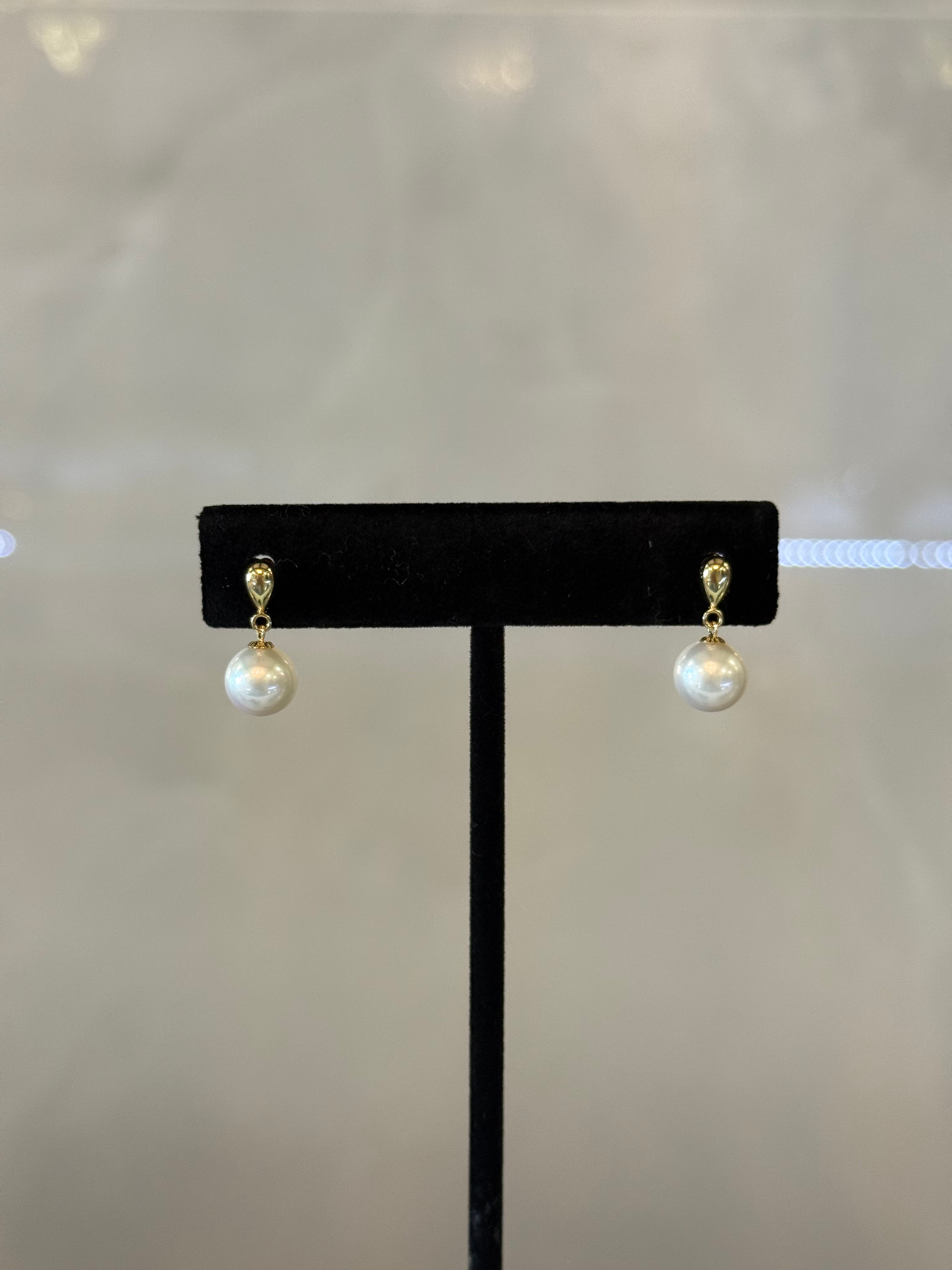 18K gold pearl earring, freshwater round pearls AAA