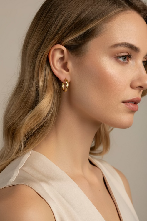 10K curved textured hoop earrings