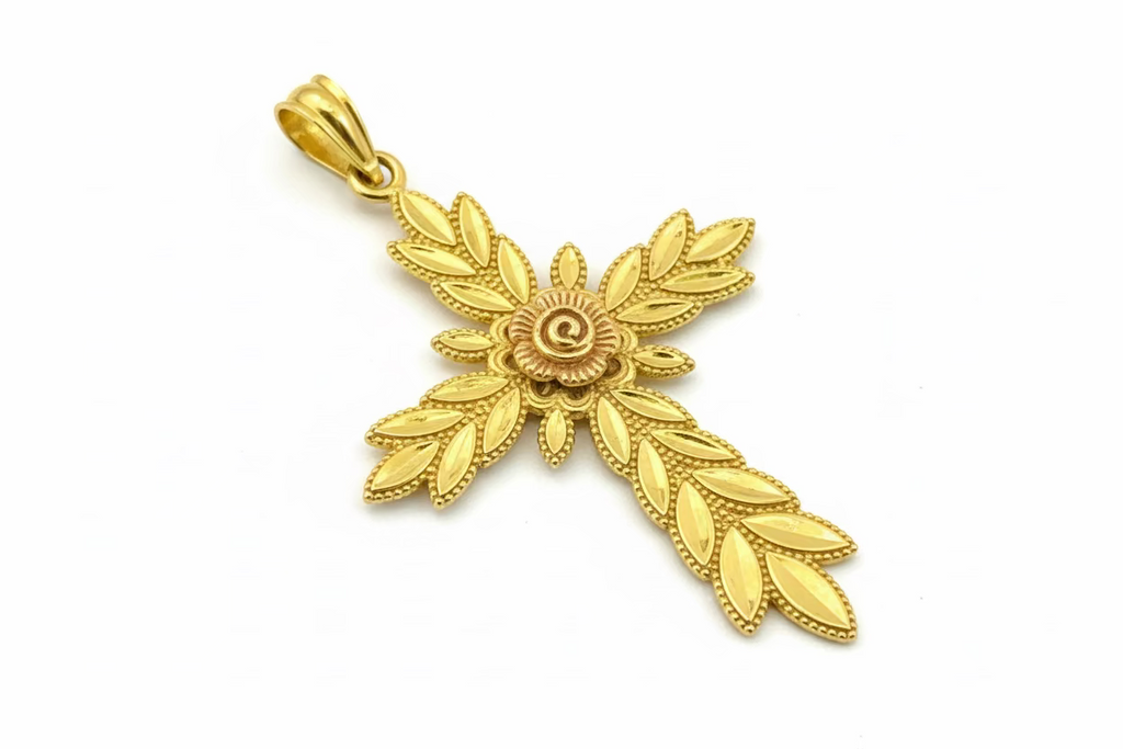 14K Cross Rose Pendant