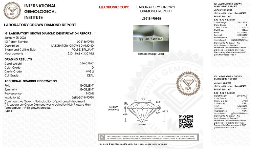 0.59 Carat Round- Lab Grown-D Color-VVS2 Clarity- IGI Certified