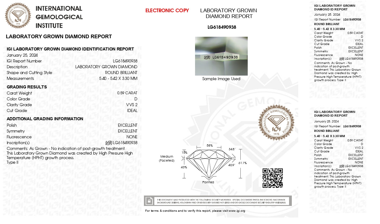 0.59 Carat Round- Lab Grown-D Color-VVS2 Clarity- IGI Certified