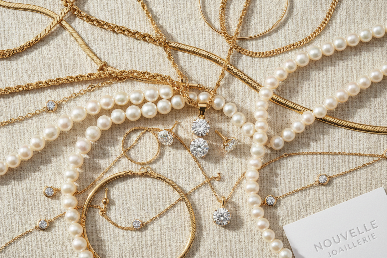 Non copy write jewelry image with chains pearls bracelets, and diamond, diamonds and gold